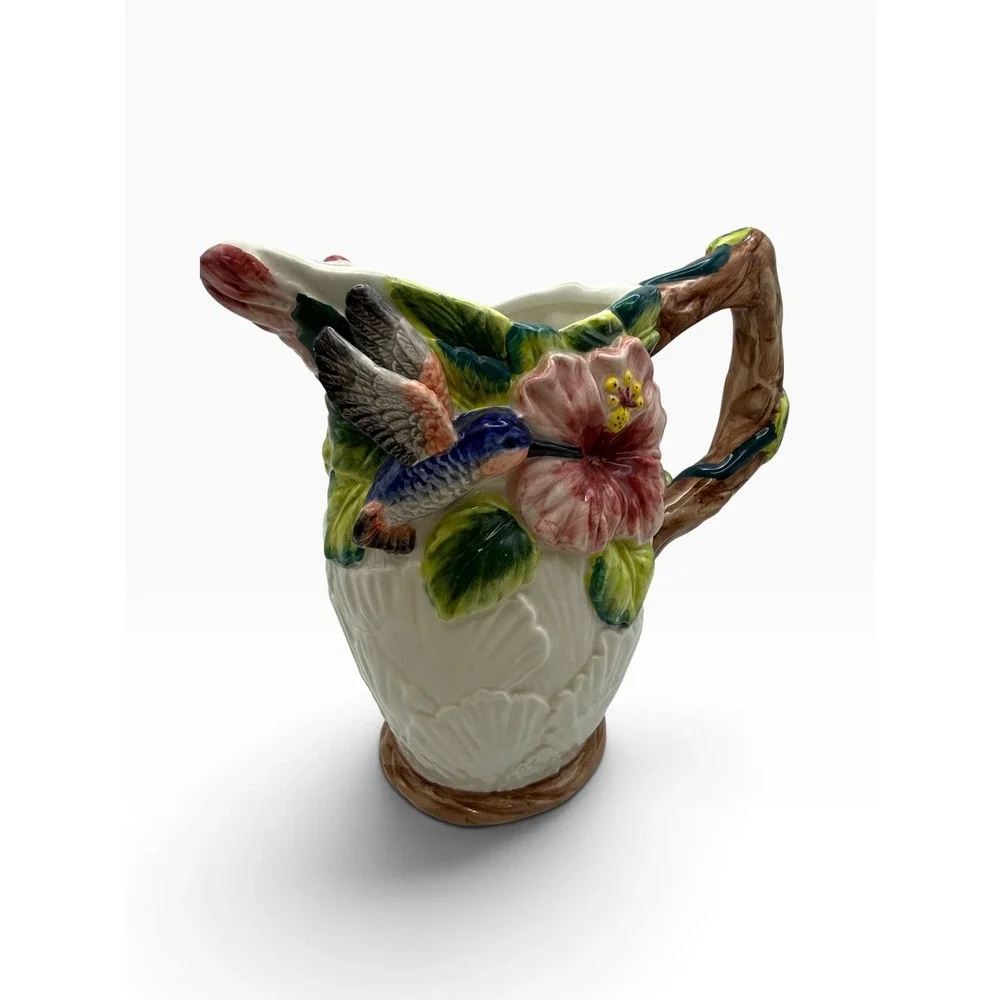 Vintage Hummingbird and Hibiscus Ceramic Pitcher Hand Painted 3D Floral Vase